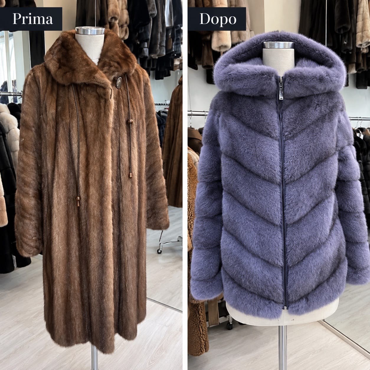 Prima e dopo Rimessa a Modello di una pelliccia datata Donna Fur Milano